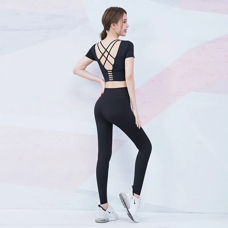 Vansydical 2020 Women Sports Suit for Fitness Workout Padded Crop Tops Backless High Waist Stretchy Gym Leggings 2 pcs Yoga Sets