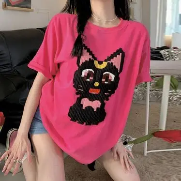 

Kawaii Anime T-Shirt Women'S Japanese Sweet Casual Comic Print Streetwear Y2k Summer Short Sleeve Loose Tops Pink T-Shirt