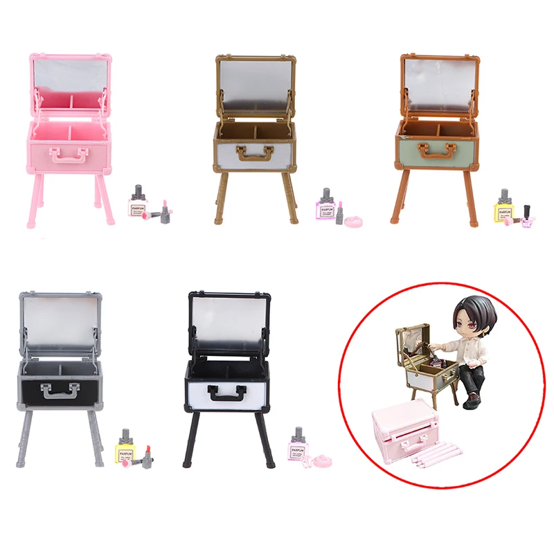 

1Set 1:12 Dollhouse Mini Vanity Cosmetic Case Lipstick Perfume Air Cushion Mirror With Holder Furniture Decor Play House Toys