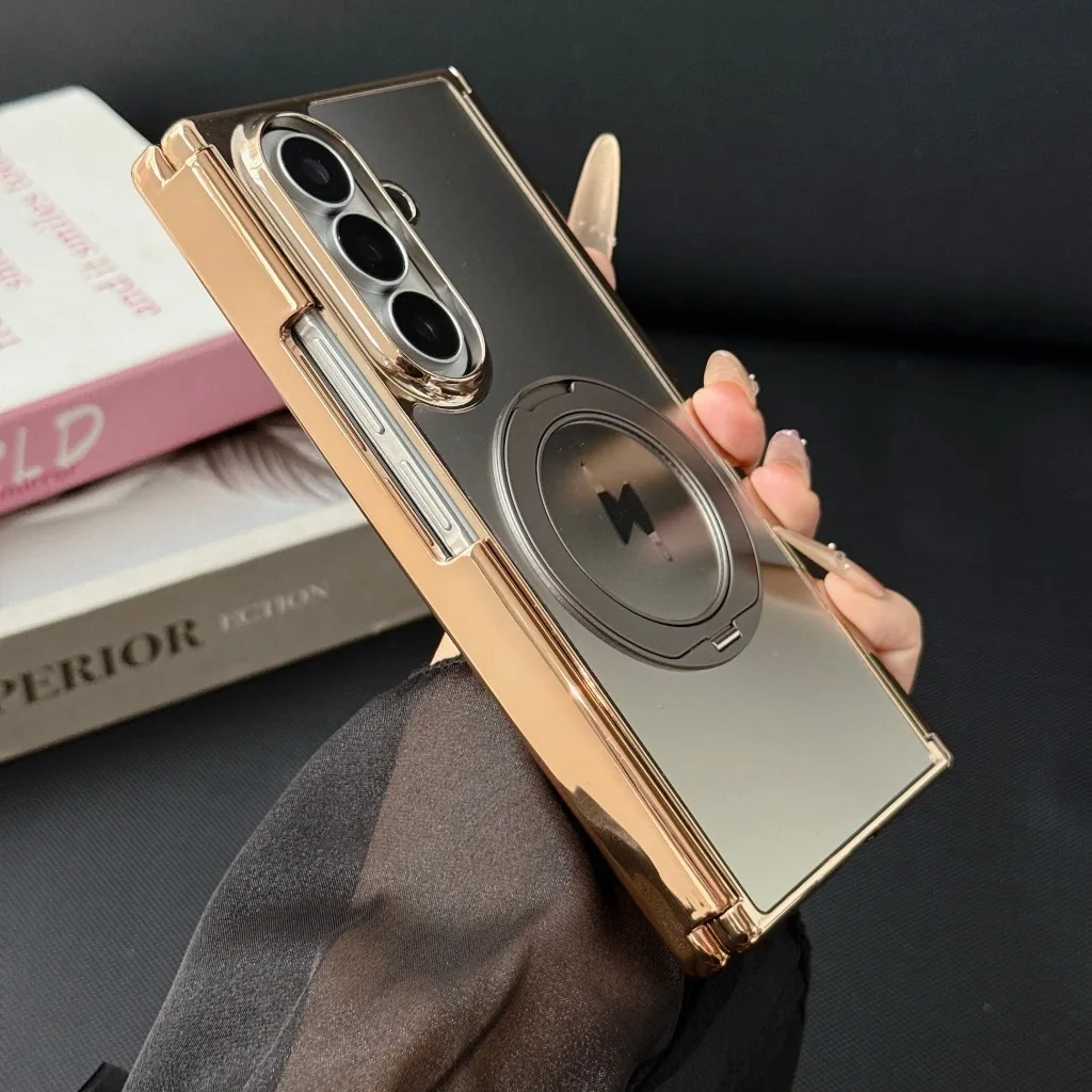Electroplated TriFold Phone Case with 360° Ring Kickstand and Magnetic Hinge Protection