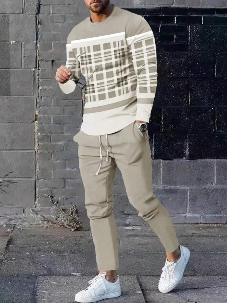 Simple Geometric Print Men's Fall Fashion Casual Crew-neck Tops And Pants Urban Street Fashion Trends Men's Tops And Long Styles 5