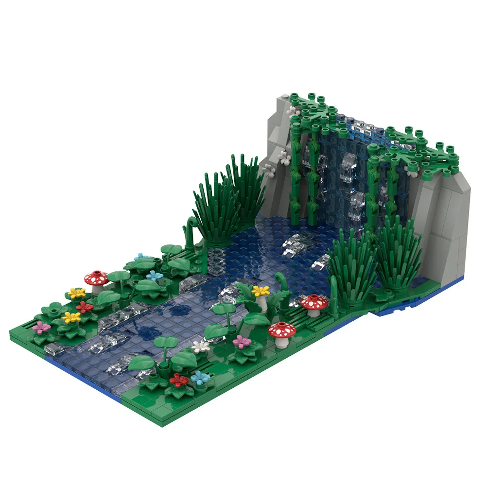 647pcs Waterfall Scene Moc Building Blocks Set Creative Pond Flower Mushroom Small Particle Assembled Bricks Model Kids Toy Gift