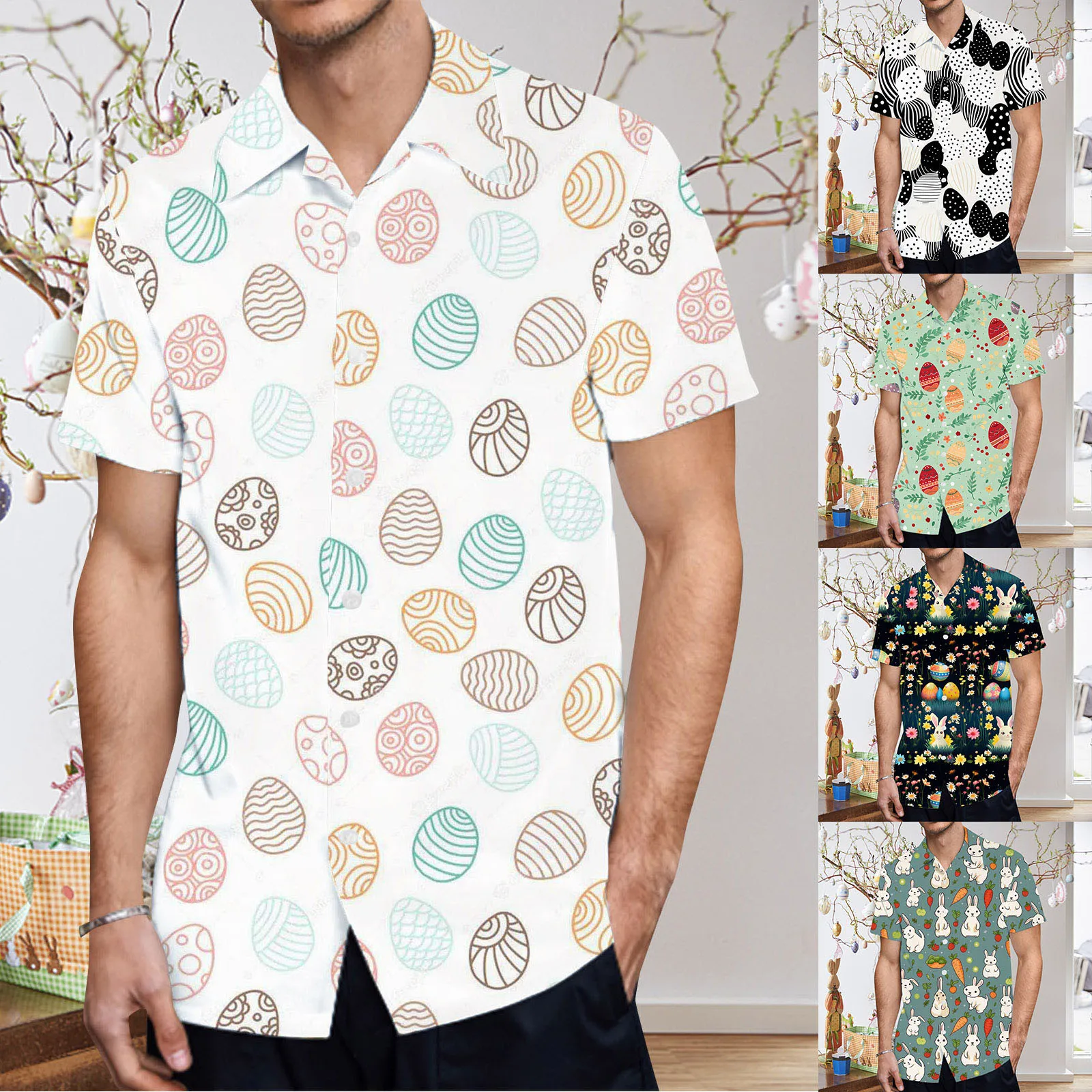 

Mens Fashion Casual Easter Festival Printed Lapel Button Pocket Shirt Top Art 3d Digital Print Loose For Spring Autumn