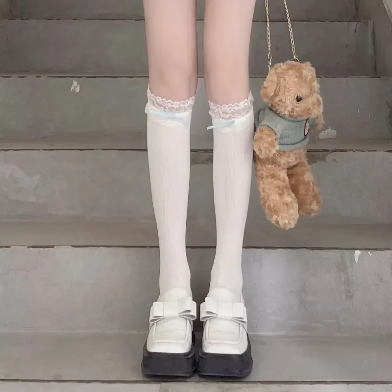 Damen Lolita Spitzenkanten-Schleifen-Samtstrümpfe, mittelhohe Socken, dünn, atmungsaktiv, weich, niedlich, College-Stil, Kawaii JK Kniestrümpfe – Detail 5