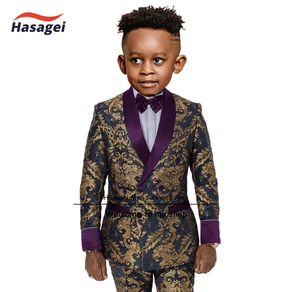 Gold pattern kids suit 2 piece double breasted blazer for boys wedding tuxedo jacket pants formal clothes 2-16 years old
