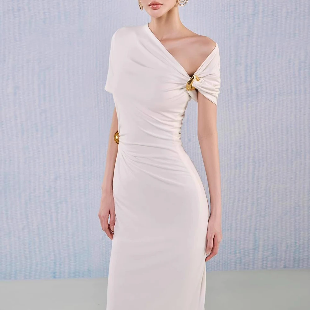 TWOTWINSTYLE Solid Slimming Elegant Midi Dresses for Women Diagonal Neck  Short Sleeeves Patchwork Folds Temperament Dress Female - AliExpress  200000345