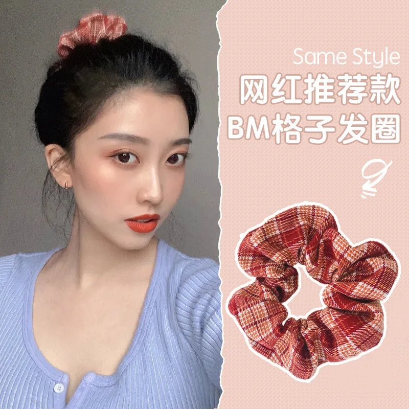 2022 Summer Korean Organza Plaid Scrunchie Women Girls Ponytail Holder Hair Ties Satin Elastic HairBands Hair Accesories goody hair clips Hair Accessories