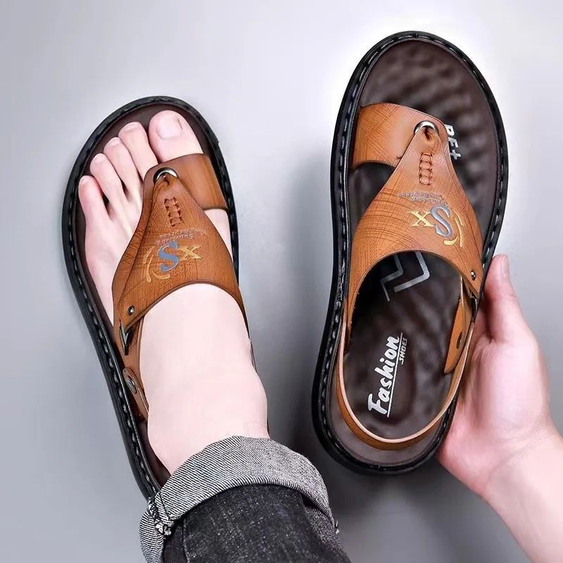 Herr lädersandaler för sommar strand flip-flops casual_voghion.com