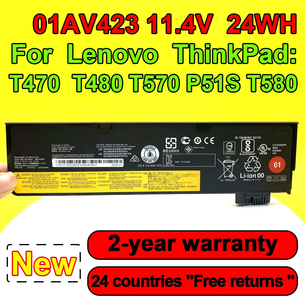 Batteria Per Laptop 11.4V 24Wh Per Lenovo Thinkpad T470 T480 T570 T580 P51S 01 Av422 01 Av423 01 Av424 01 Av425 01 Av426 01 Av427 01 Av428