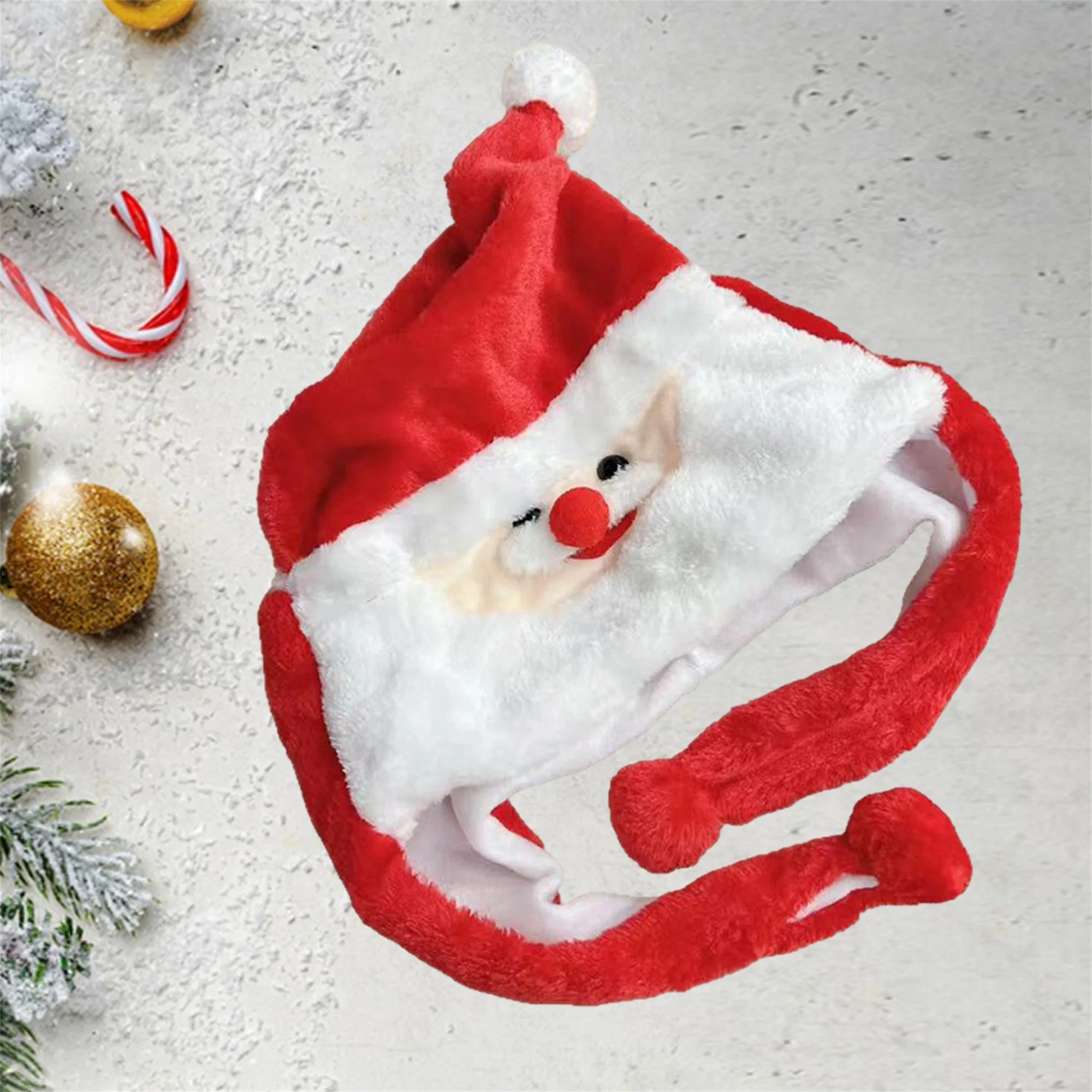 Festive Red and White Santa Hat with Plush Fur Ball and Jolly Santa Claus Face Design - Perfect Christmas Accessory for Adults