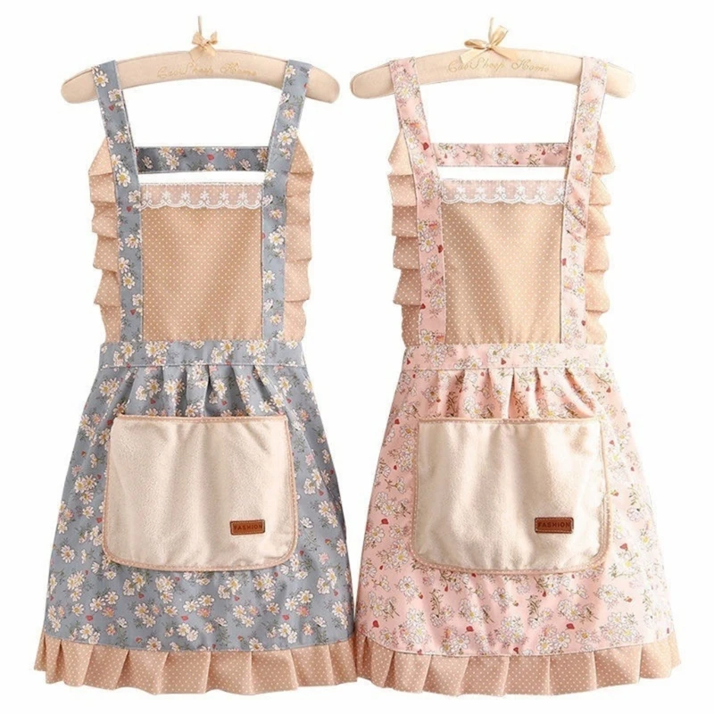 Canvas Floral Apron with Pockets Adjustable Tie Rope Household Accessory for Adults Teenager Women Female Gift