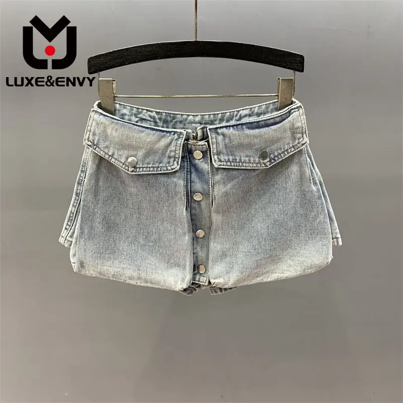 

LUXE&ENVY Sexy Low Waist Girl Denim Short Skirt Women 2023 New Design Sense Large Pocket Ultra Short Workwear Wide Leg Trouser