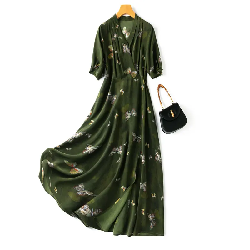 

Женское шелковое платье-макси, темно-зеленое длинное платье из крепа тутового шелкопряда с принтом бабочки, V-образным вырезом и поясом, с широким подолом, Размеры M, L, XL, 100%, 8299