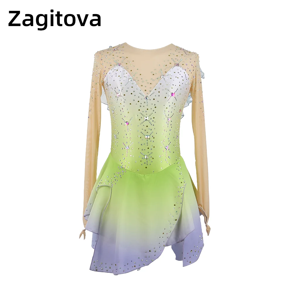 

Zagitova Figure Skating Dress Women Girls Ice Skating Skirt Performance Competition Light Green Gradient Kosten