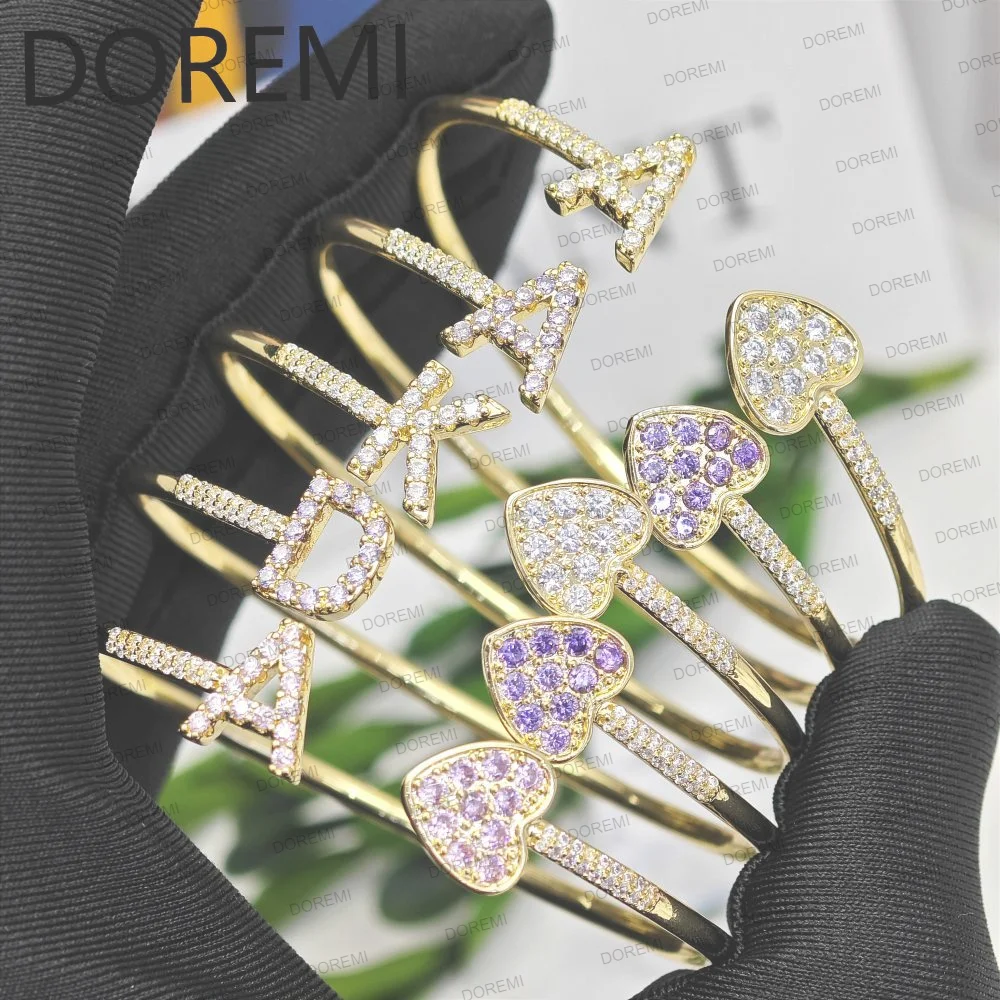 DOREMI Initial Letter Bangle Bracelet Rail BirthStone Letter Gift Jewelry Mother's Day Jewelry Full Zircon Heart Cz Bangle uwin baguette cz heart 6mm adjustable cuff bangle micro paved bling cubic zirconia luxury rapper hiphop jewelry punk gift