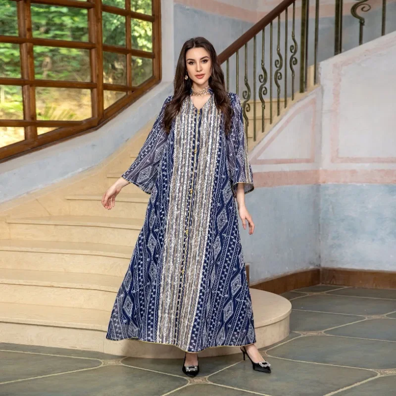 2024Muslim New Year Mesh Embroidered Evening Dress Sequin Stitching Dress Fashion Dubai Robe  vestido largo mujer verano