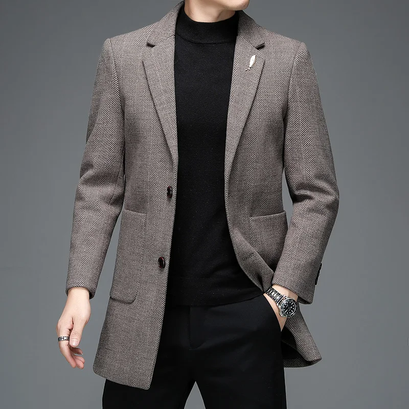 

England Style Men Elegant Sheep Wool Ovecaot Notched Collar Singje Breasted Design Woolen Blend Coat Blue Gray Coffee Outfits