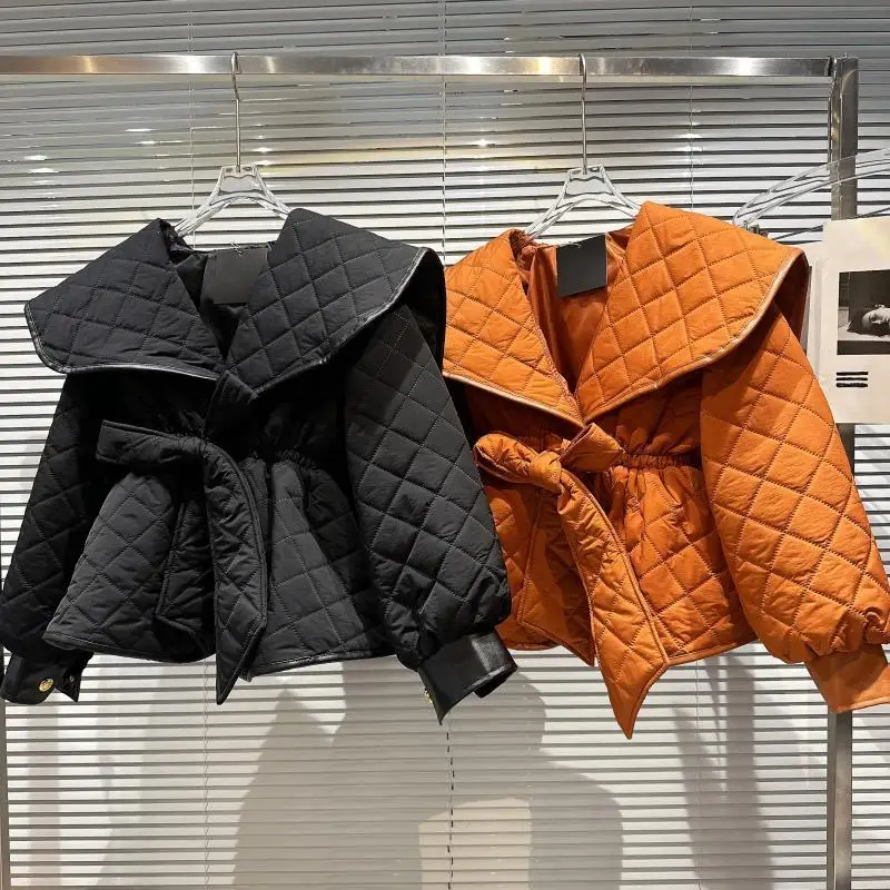 

Oversized Lapel Slim Winter Padded Coats For Women Long Sleeve Belted Argyle Solid Parkas Female Winter 2022 Style Clothing