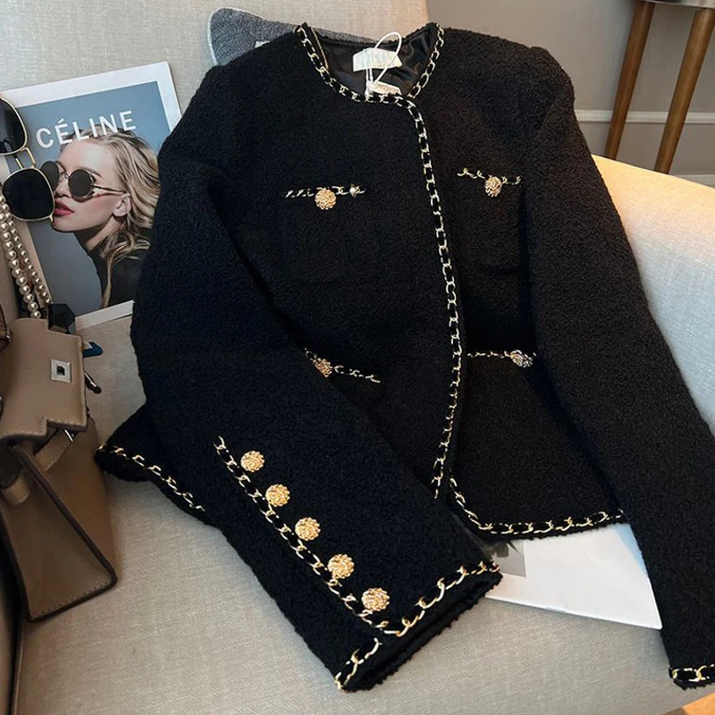 2023 Nuovo Autunno Nero Design Vintage Girocollo Giacca In Pile da Donna Elegante Chaquetas Mujer Manica Lunga Pulsante Cappotto Corto_voghion.com