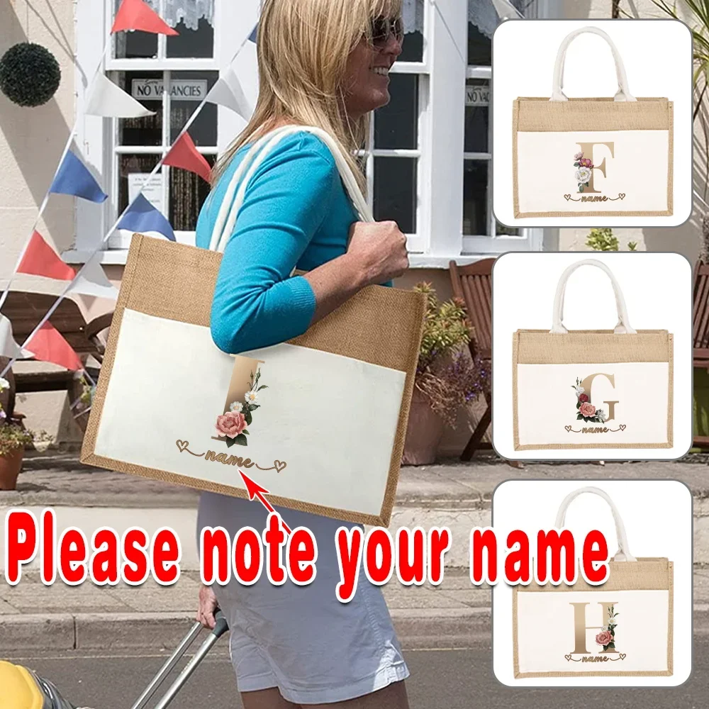 Custom Free Name Shopping Bags Linen Shoulder Bags Bridesmaid Bridal Party Gifts Vintage Beach Handbags Large Capacity Tote Bag