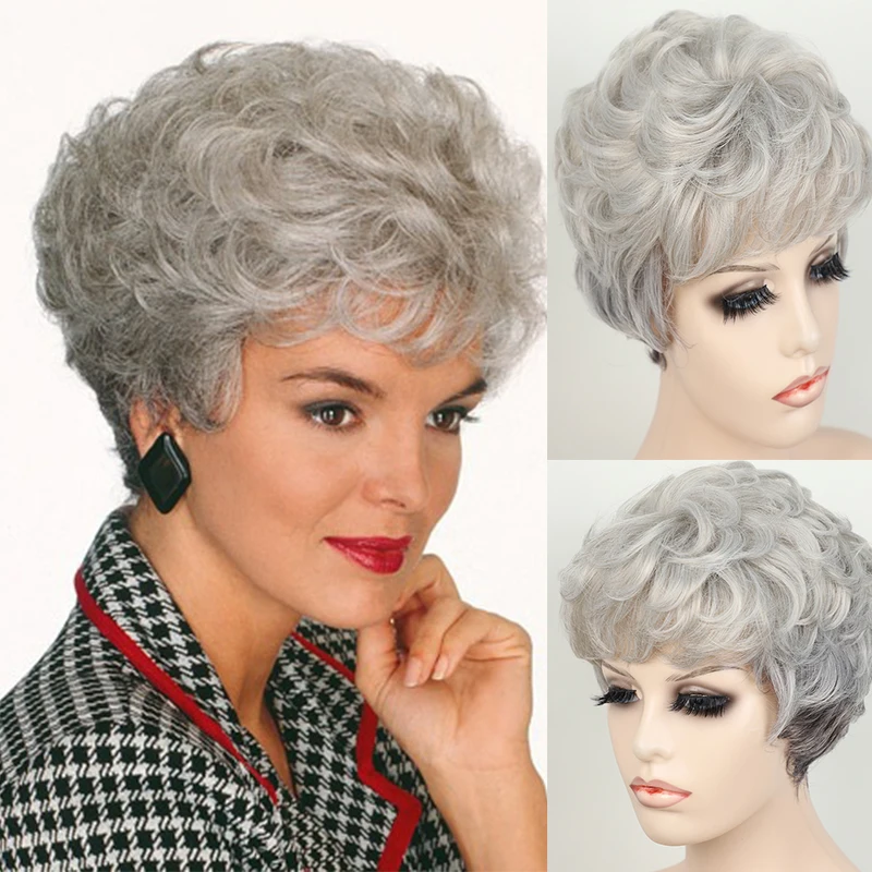 

Women's Fashion Short Synthetic Wigs with Bangs Grey Curly Wigs Natural Loose Wave Hair Cosplay Party Silver White Mommy Wigs