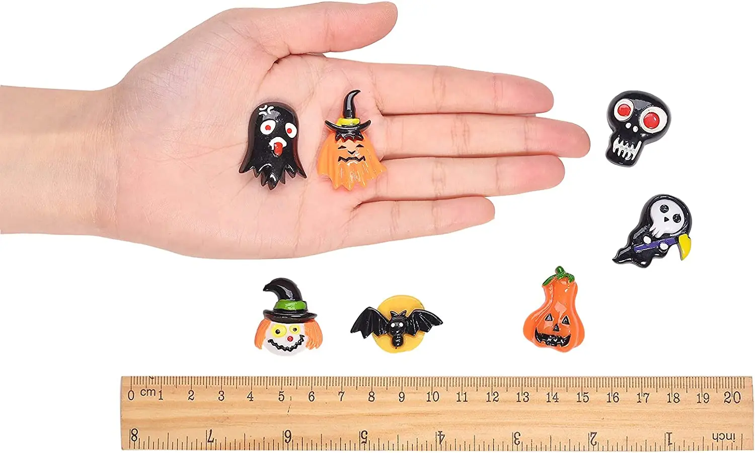 Pandahall 35pcs/Box Halloween Theme  Resin Cabochons Bat Pumpkin Witch Ghost Skull Slime Charms Beads for Jewelry Making  Clip