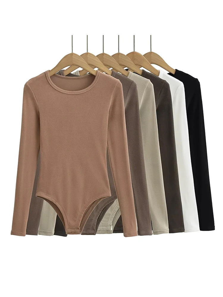 Женские Боди с длинным рукавом и круглым вырезом, мягкие эластичные облегающие однотонные комбинезоны 6 цветов, топы