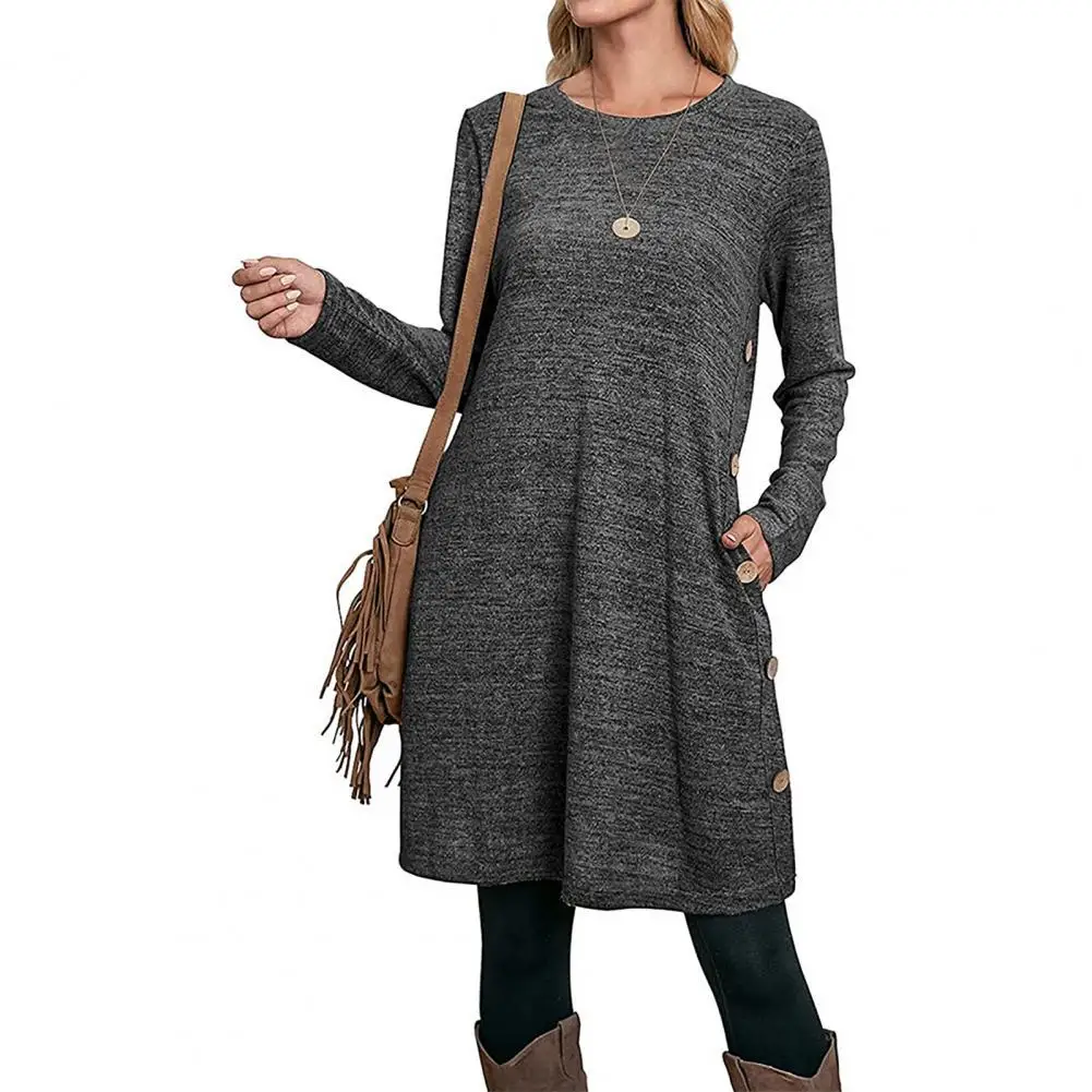 

Женское однотонное платье-трапеция с длинными рукавами и круглым вырезом