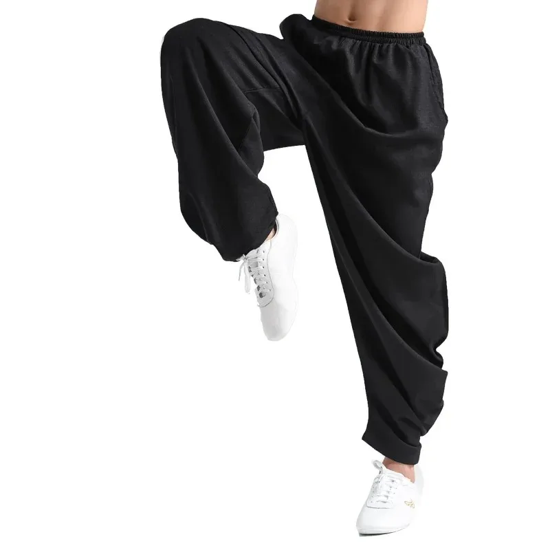 Tai Chi Pants Kung Fu Martial Art Pants Mens Drawstring Hippie Elastic Waist Novelty Pant women Trousers Lounge Pant BLACK