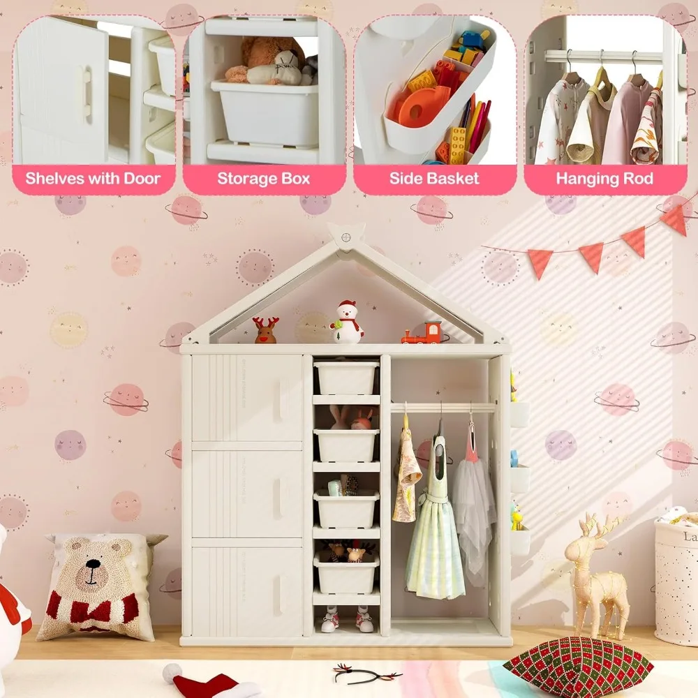 Kids Dress Up Storage, Open Hanging Armoire Closet with Storage Bins, Shelves, Side Baskets, Kids Dress Up Rack for Kids Room 2