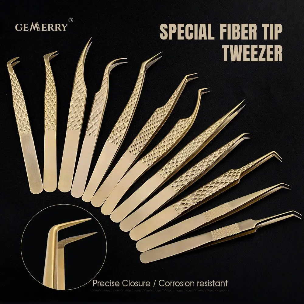 GEMERRY 1 Pcs Fiber Tips Eyelash Tweezers Extension Golden Stainless Steel High Precision Tweezer Volume Fans Professional Tools