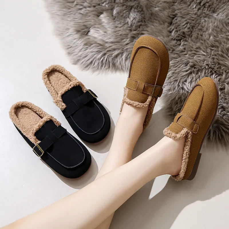 

2024 Autumn Warm Fashion Casual Slipper Leather Mules Clogs Slippers Outdoor Soft Cork Belt Buckle Slides Flat Shoes for Women