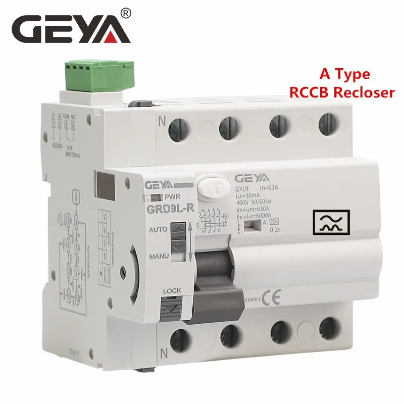 GEYA Type A RCD Auto Recloser Modular Circuit Breaker 40A 63A 30mA 100mA 300mA Safety Switch 220V