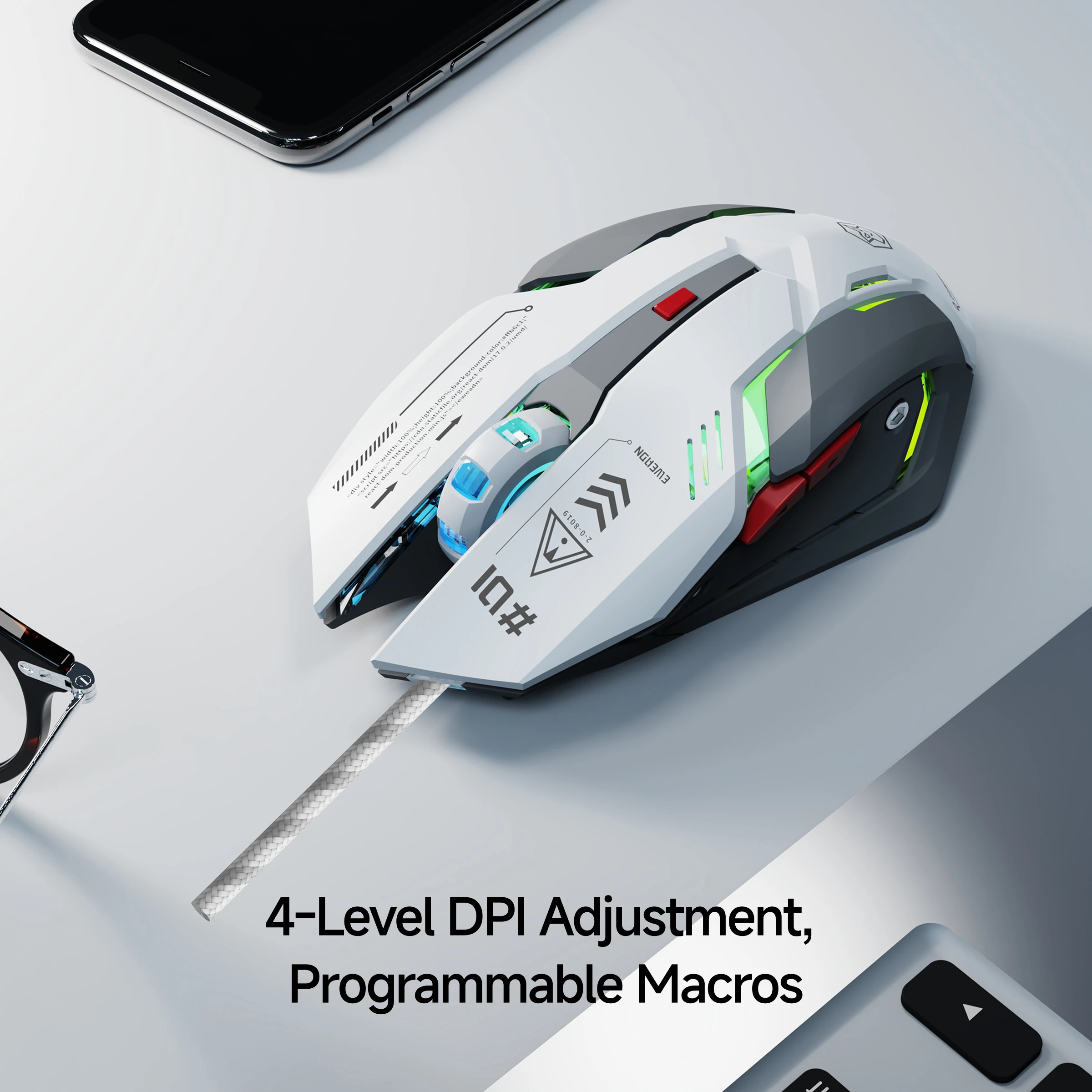 EWEADN G10 Silent Wired Gaming Mouse, Macro Programmable, Ergonomic, for Gaming & Office, Desktop/Laptop/Tablet, Quiet Operation