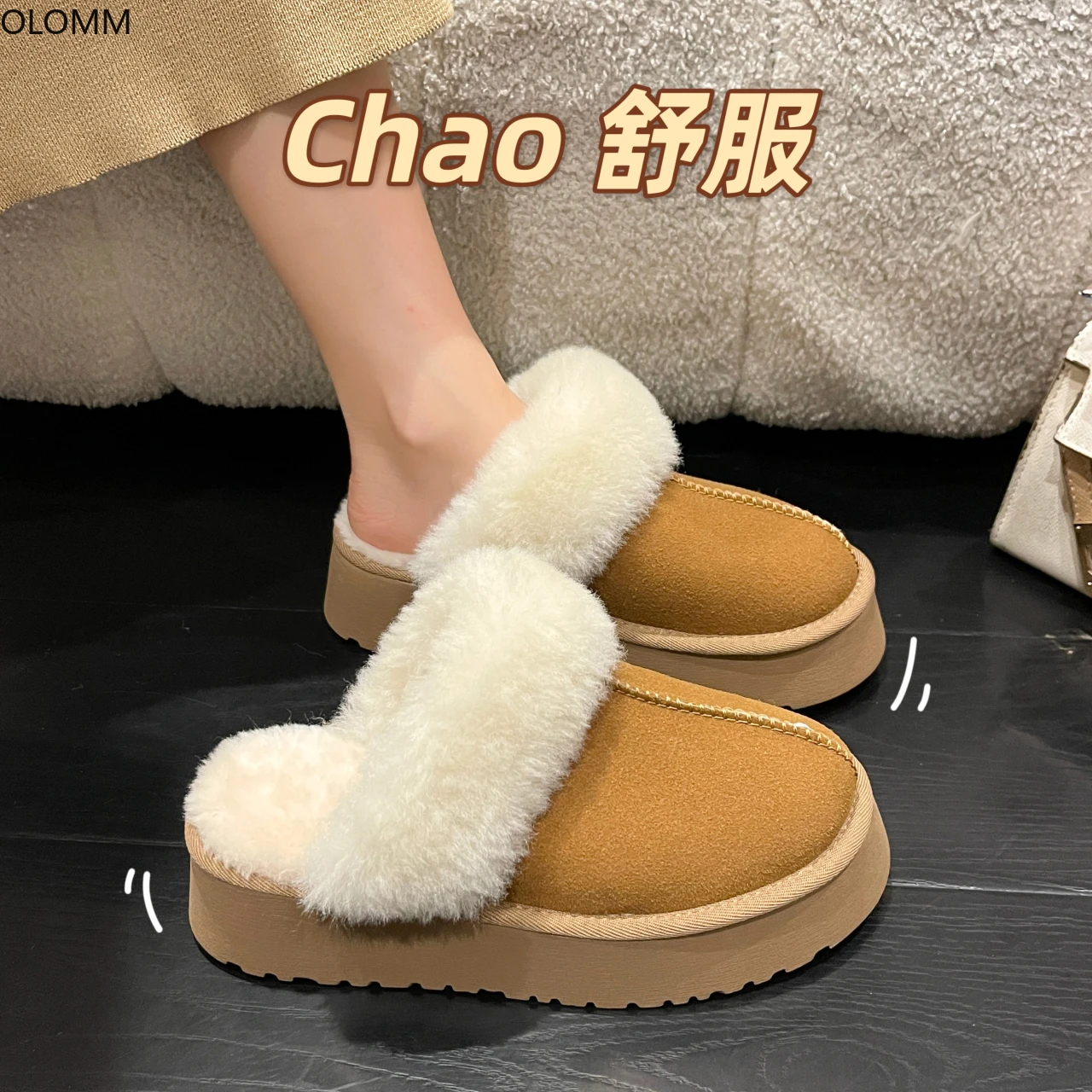 

Mules Warm Winter Imitation Wool Fur Furry Womens Round Toe Platform Flats Slippers Flip Flops Shoes New 2023
