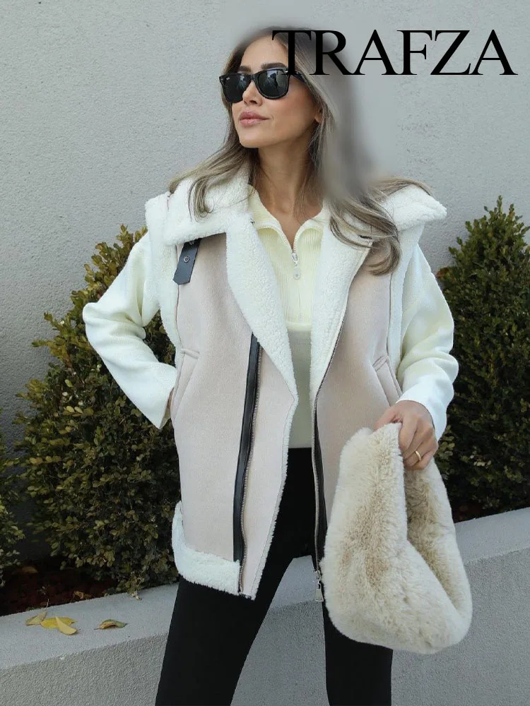 

TRAFZA 2023 Winter Fashionable Lamb Wool Warm Thickened Women's Oversized Vest Traf Sleeveless Loose Jacket Women's Short Vest