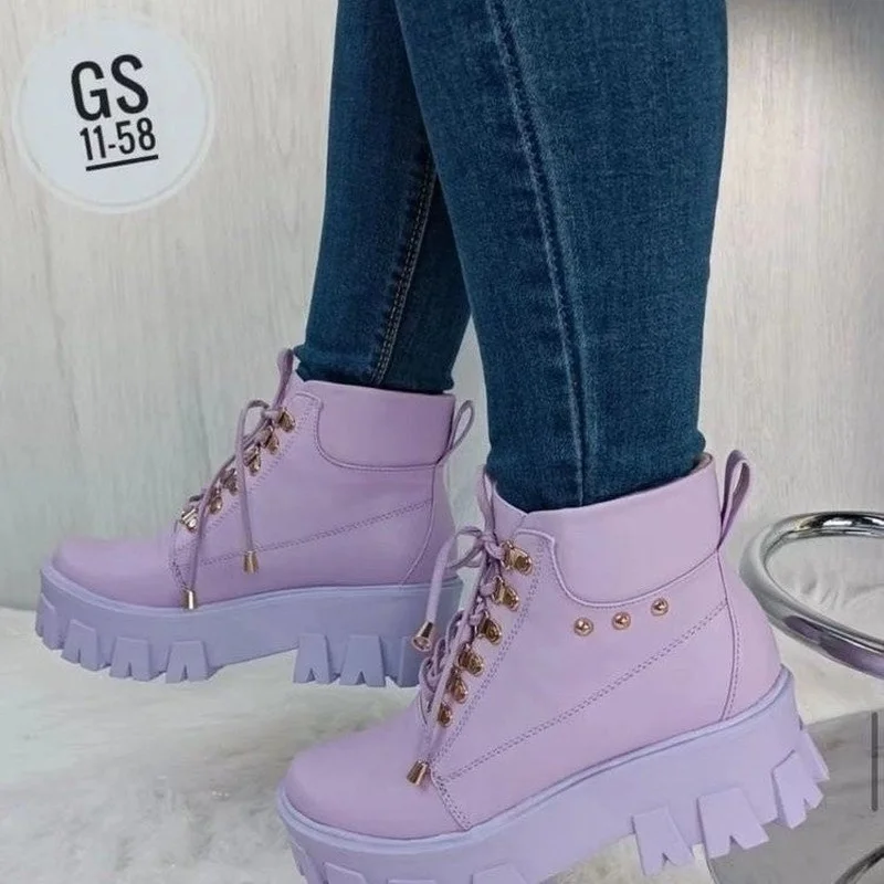 Thick-soled Boots Women's Short Boots Autumn and Winter New Heel Lace Retro Motorcycle Boots Woman Fashion Sneakers Ladies Shoes