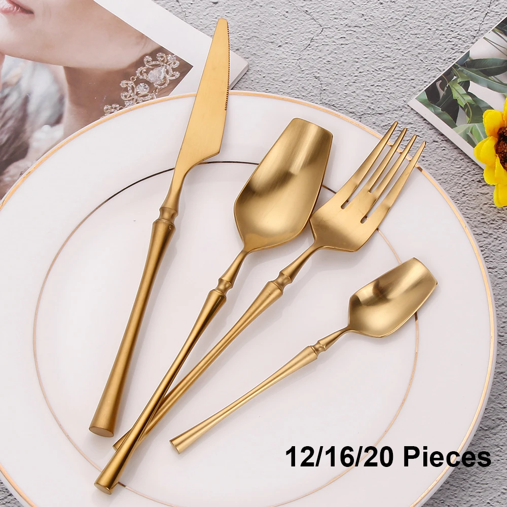 12/16/20 Pieces Knife Fork Spoon Set Gold Cutlery Set Stainless Steel Western Tableware Black Dinnerware Mirror Elegant Flatware
