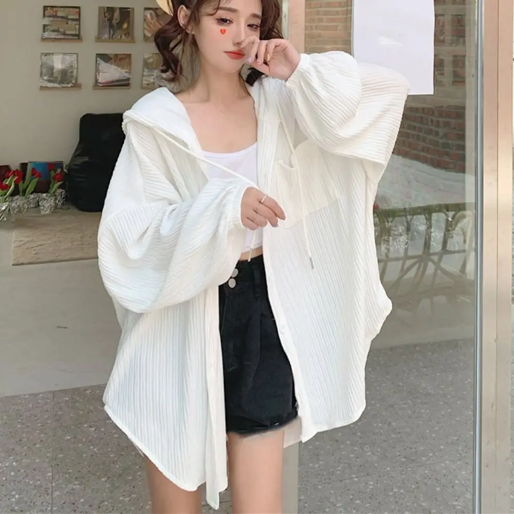 Comfortable Drawstring Hooded Shirt Ice Silk Loose Long Sleeved Hooded Clothing Korean Ins Sun Protection Tops Women