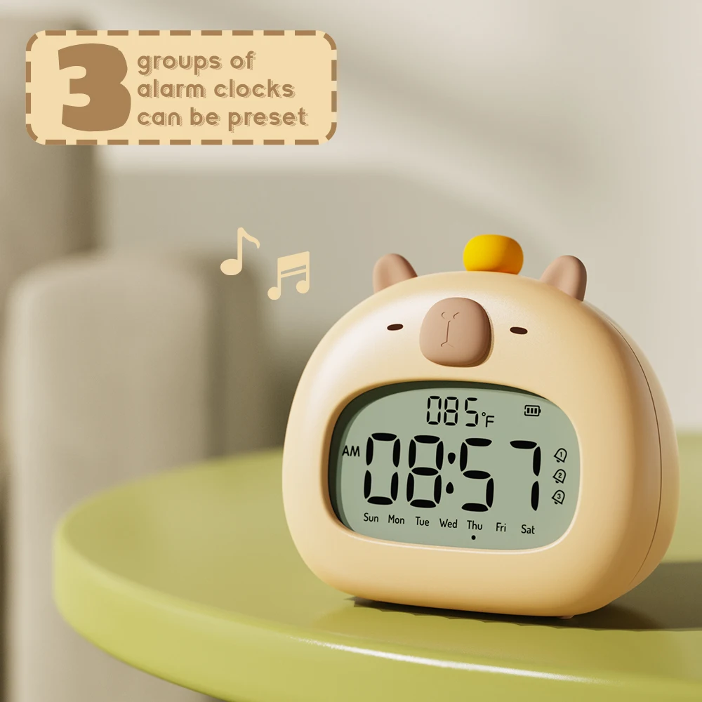 Bedside LED Clock Kids Alarm Clock Children's Sleep Trainier Temperature Display With Rechargeable Control Digital Cute Capybara