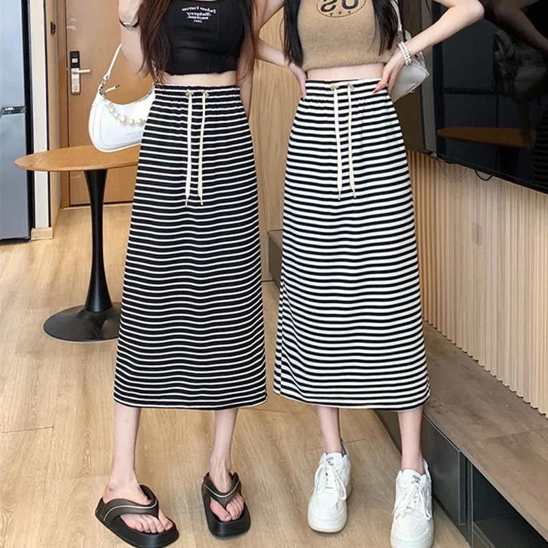 Korean Style Summer Maternity Striped Skirts Drawstring Waist Back Split Mid-calf Black White Pregnant Woman One-Step Skirt