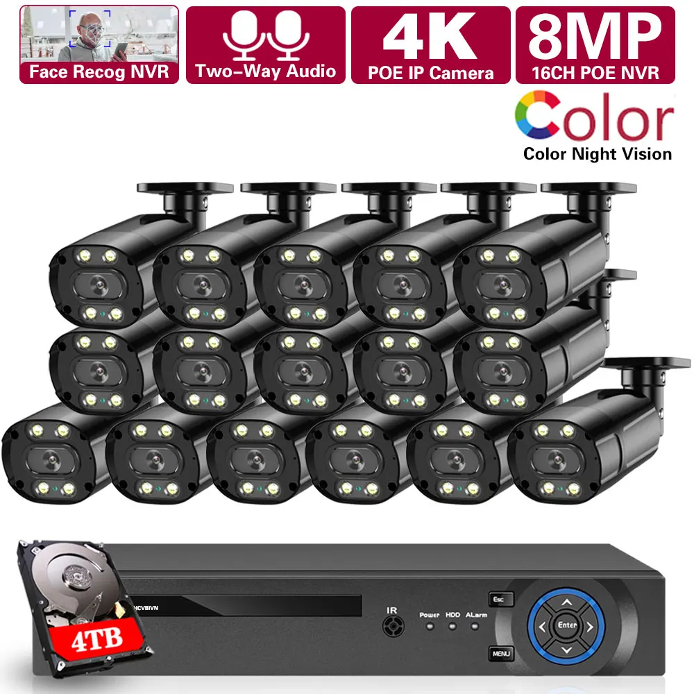 4K 16CH POE NVR Kit Outdoor IP Dome Camera Video Surveillance System Kit Color Night Vision CCTV Security Camera System Set 8MP