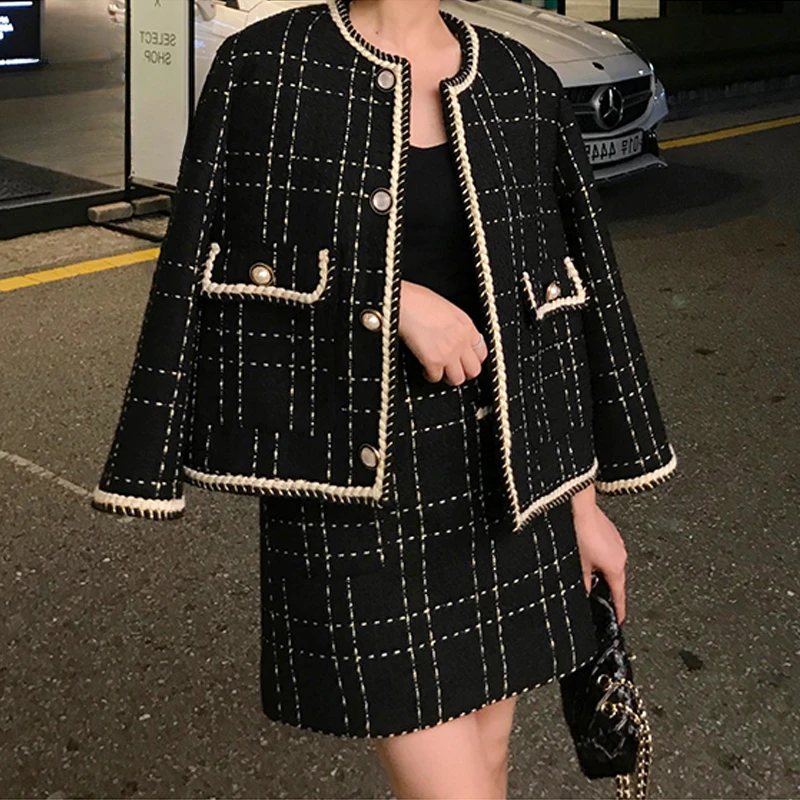 New Autumn Elegant Black Plaid Woolen Tweed Jacket Coat + Mini Skirt Set Office Elegant Women Two Piece Set Outfits Tracksuit