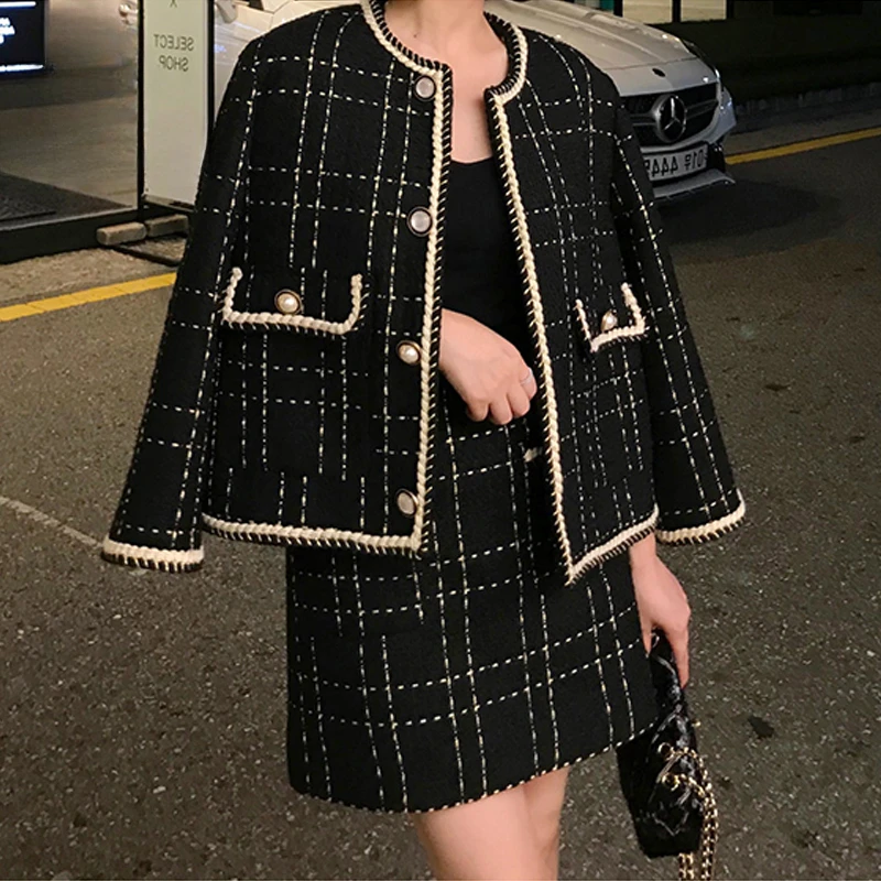 ジャケット・アウター tweed over jacket / mini skirt New Autumn Elegant Black Plaid Woolen Tweed Jacket Coat + Mini