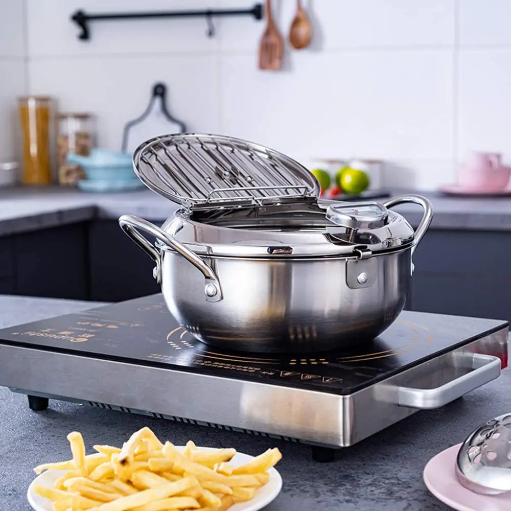 Japanese Deep Frying Pot With A Thermometer And A Lid 304 Stainless Steel  Kitchen Tempura Fryer Pan 20 24 Cm - Pans - AliExpress