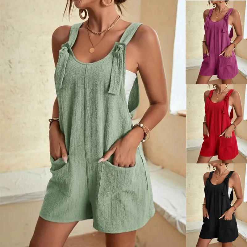 2023 European and American large size ladies summer leisure fashion condole shorts trousers suspenders female conjoined yards
