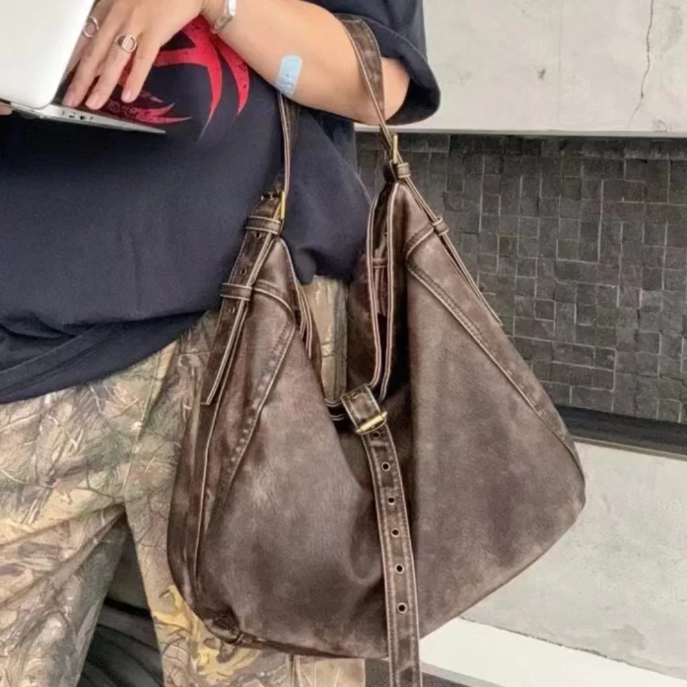 Women's Fashion Vintage Washed Soft Leather Tote Bag Large Capacity Commuter Multi-Pocket Shoulder Messenger Bag