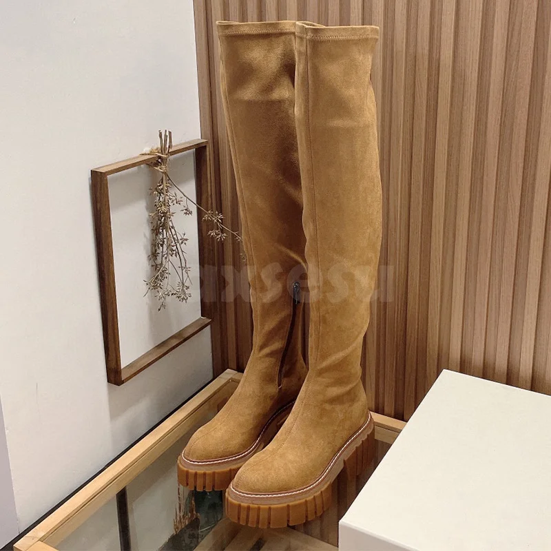 

Women Long Boots Autumn Winter New Stretch Fabric Upper Platform Design Elastic Slim Fit Long Boots Temperament Female Shoes