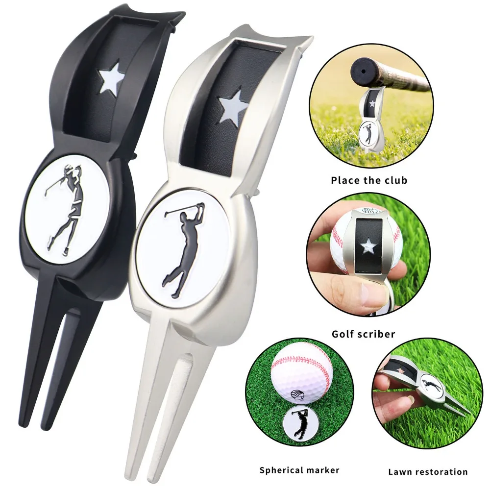 

4 in 1 Golf Fork Pushrod Auxiliary Tool Multi-function Detachable Golf Green Divot Fork Reusable Portable Spherical Marker