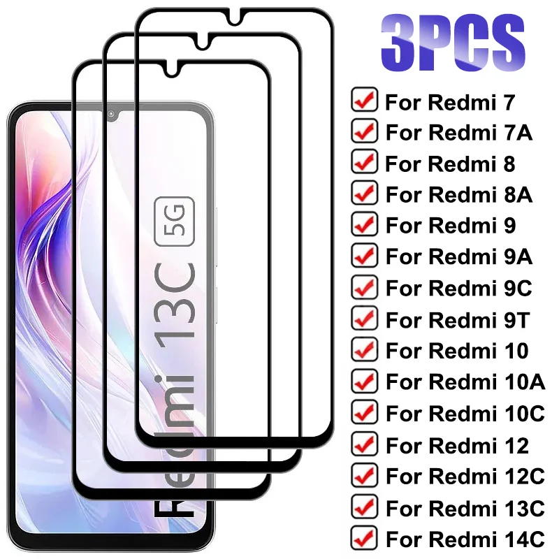 3Pcs auf Für Xiaomi Redmi 13C 14C 12C 10C 5G Gehärtetem Glas Für Redmi 12 10 10A 9 9A 9C 9T 7 7A 8A 8 Volle Abdeckung Screen Protector